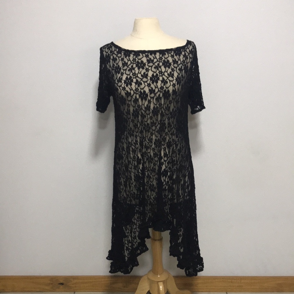 LAST CALL Black lace stretch high low ribbon tunic dress LG layering NFR boho